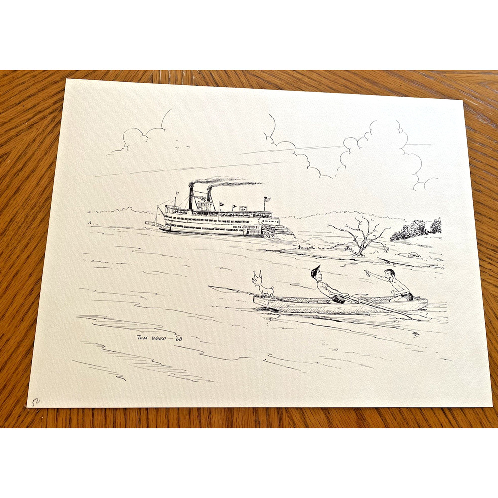 Tom Ward Steamboat Art Print Signed 1968 1960s Cartoon Like Black & White 9x12"